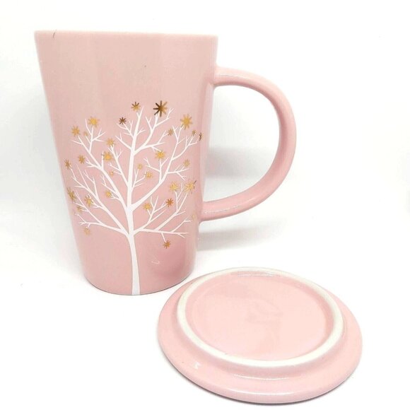 Davids Tea The Perfect Mug Cool Pink Starry Tree with Lid 12 oz White and Gold - Picture 7 of 9